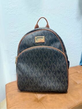 Michael Kors Dark Brown MK Monogram Mini Backpack with Tan Trim